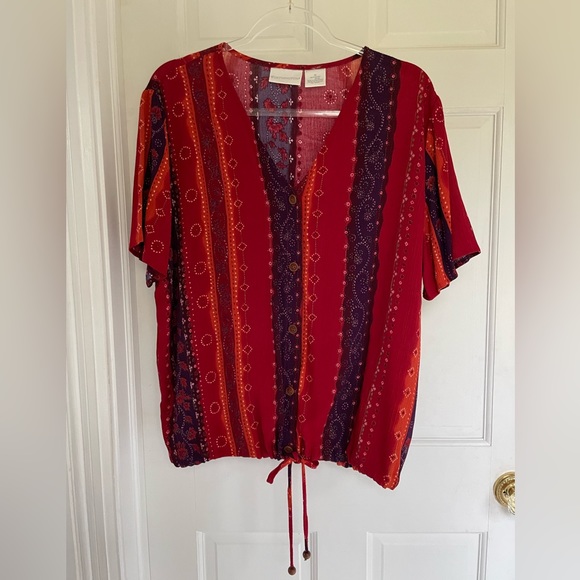 Size 14 Worthington, cinnamon red and purple patterns, button-down blouse - Picture 1 of 7